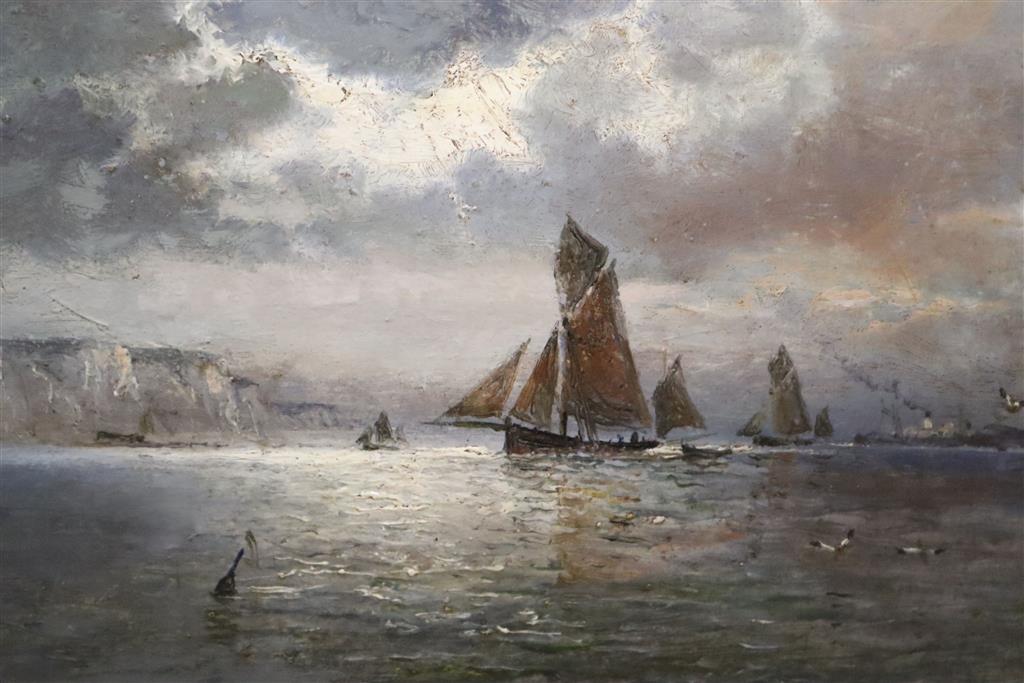 Follower of W L Wyllie, Shipping in port, oil on panel and English School (19th century), shipping off the shore